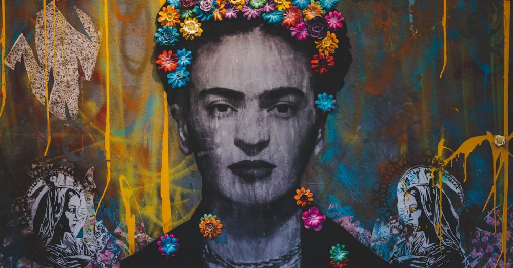 Frida Kahlo Museum - Creative artwork with Frida Kahlo painting decorated with colorful floral headband on graffiti wall