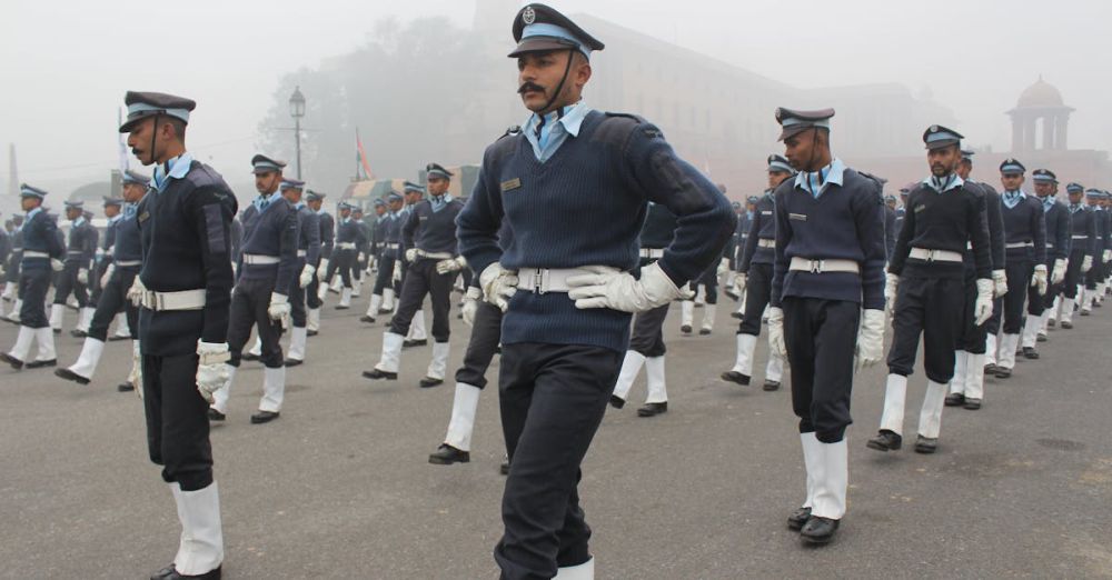 Independence Day Parade - Men in Blue and Black Uniform Standing on Gray Concrete Floor